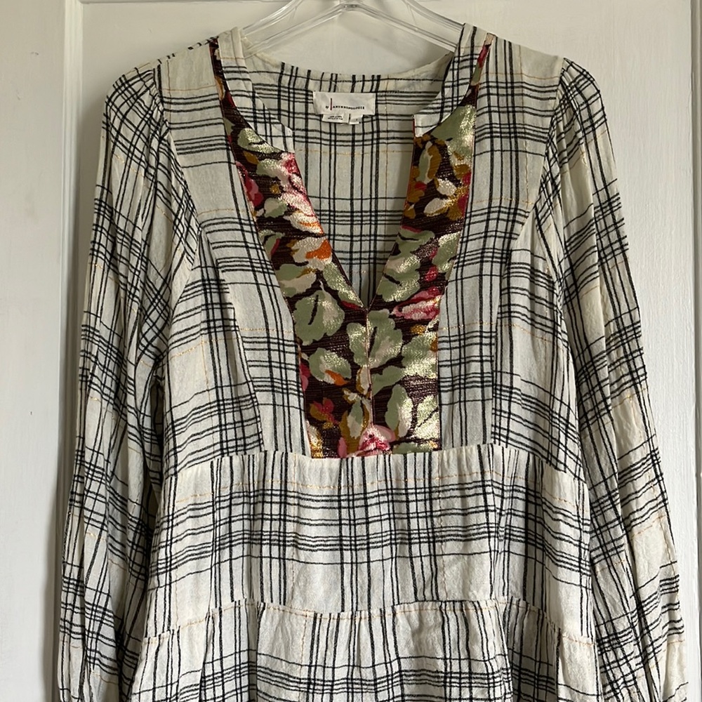 Anthropologie Plaid Popover, Black on Off-White, Metallic Floral Yoke - L, GUC